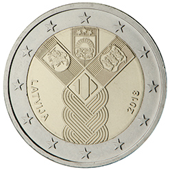 Latvia € 2,00 (Estonia, Latvia and Lithuania jointly issued a commemorative euro coin with a common design in 2018, celebrating the establishment of the States of Estonia and Latvia and the re-establishment of the State of Lithuania)